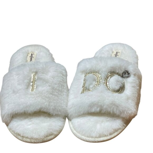Dearfoams Womens White Plush Bridal Slide Slippers "I Do" Design Large US 7-8 - Picture 2 of 11